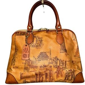 Arte Preziosa by Portone  Vintage Dome-Shaped Leather Satchel w/ coated canvas.